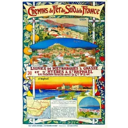 Affiche Chemins de Fer Sud France Grasse Hyères Saint-Raphaël Côte d'Azur – Publicité vintage