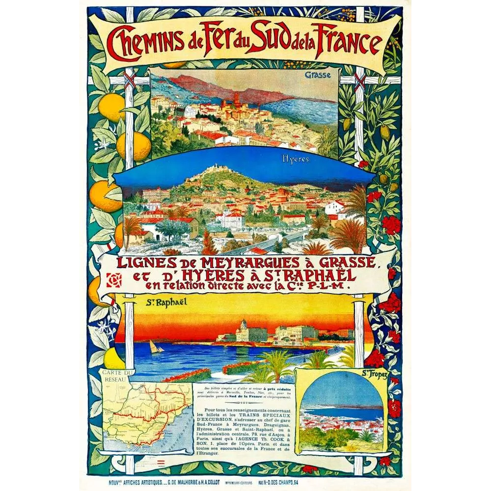 Affiche Chemins de Fer Sud France Grasse Hyères Saint-Raphaël Côte d'Azur – Publicité vintage Affiche Chemins de Fer Sud France Grasse Hyères Saint-Raphaël Côte d'Azur – Publicité vintage