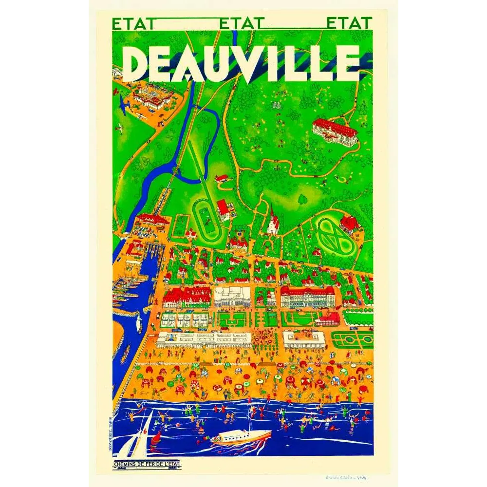 Affiche Deauville Chemins de Fer de l'État Vue Aérienne Plage Normandie – Publicité vintage Affiche Deauville Chemins de Fer de l'État Vue Aérienne Plage Normandie – Publicité vintage