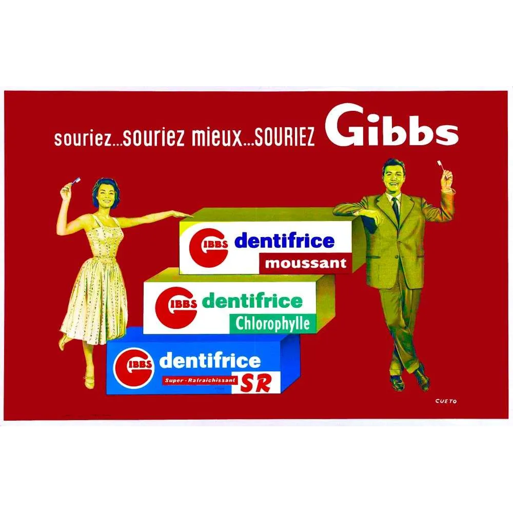 Affiche Dentifrice Gibbs Souriez Cueto Années 1950 Rouge – Publicité vintage Affiche Dentifrice Gibbs Souriez Cueto Années 1950 Rouge – Publicité vintage