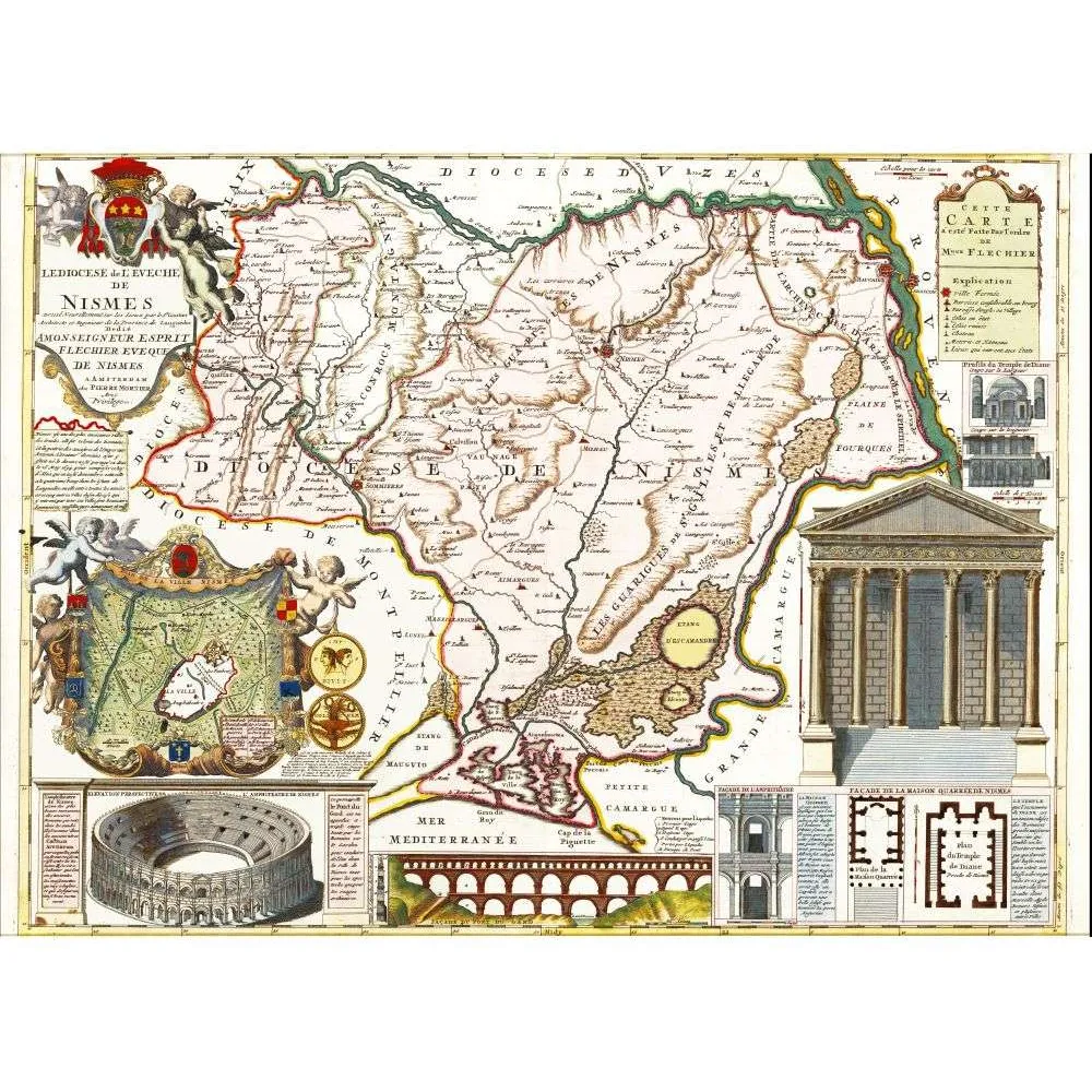 Fac-similé de carte ancienne Diocèse Nîmes Monuments Antiques Amphithéâtre Pont du Gard – Cartographie ancienne
