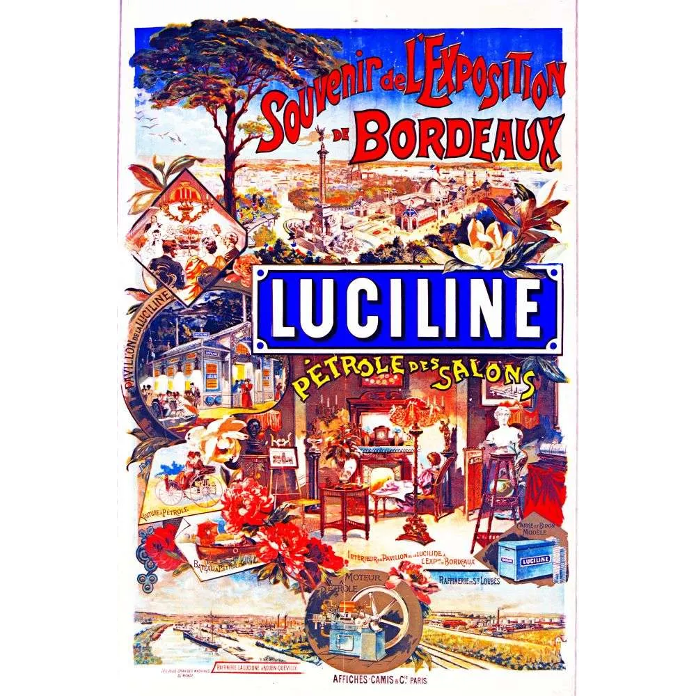 Affiche Luciline Pétrole des Salons Exposition Bordeaux XIXe siècle – Publicité vintage Affiche Luciline Pétrole des Salons Exposition Bordeaux XIXe siècle – Publicité vintage
