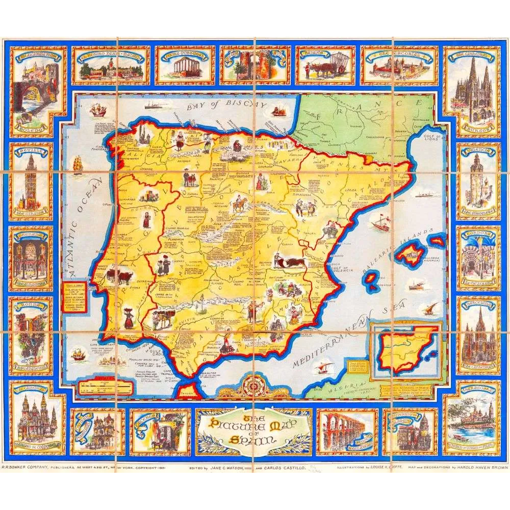 Carte Illustrée Espagne Picture Map of Spain Bowker New York 1931 – Cartographie ancienne