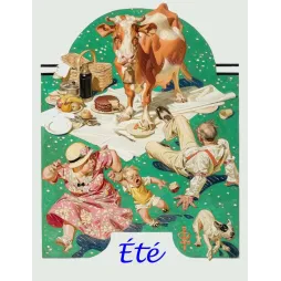 Illustration Humoristique Été Pique-Nique Vache Famille Années 1930 – Fac-similé de document ancien