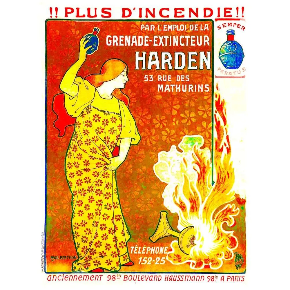 Affiche Grenade Extincteur Harden Paul Berthon Art Nouveau Paris – Publicité vintage Affiche Grenade Extincteur Harden Paul Berthon Art Nouveau Paris – Publicité vintage