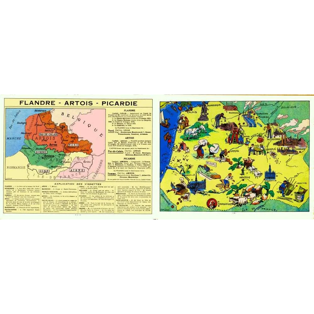 Document Illustré Flandre Artois Picardie Carte Régionale Pinchon – Fac-similé de document ancien Document Illustré Flandre Artois Picardie Carte Régionale Pinchon – Fac-similé de document ancien