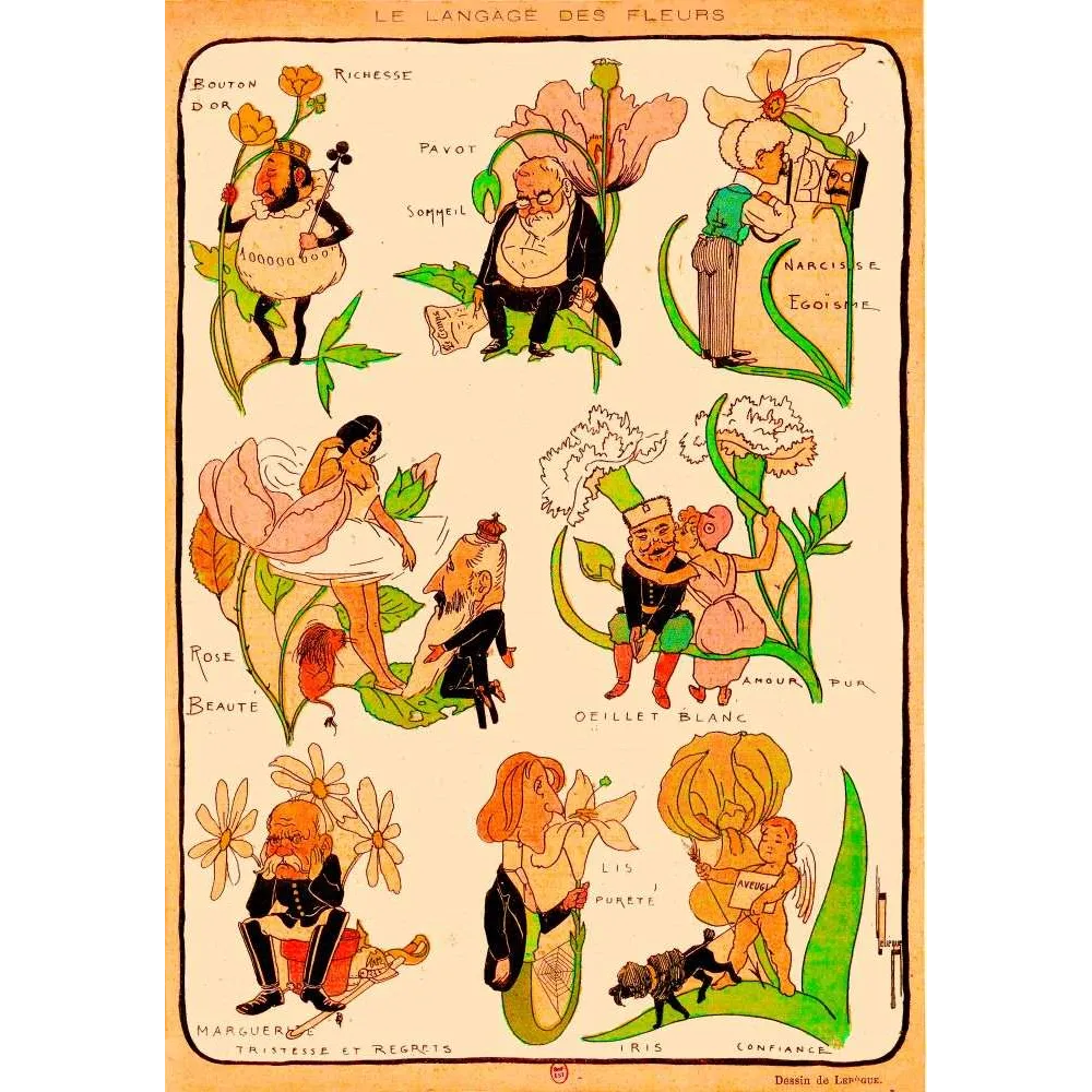 Planche Langage des Fleurs Illustration Humoristique Lerique Caricature – Fac-similé de document ancien Planche Langage des Fleurs Illustration Humoristique Lerique Caricature – Fac-similé de document ancien