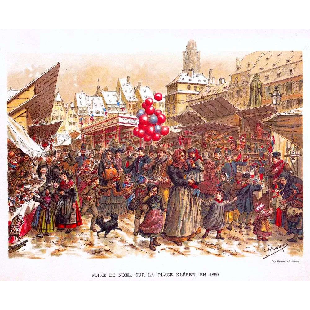 Foire de Noël Place Kléber Strasbourg 1859 Chromolithographie Schweitzer – Fac-similé de document ancien Foire de Noël Place Kléber Strasbourg 1859 Chromolithographie Schweitzer – Fac-similé de document ancien