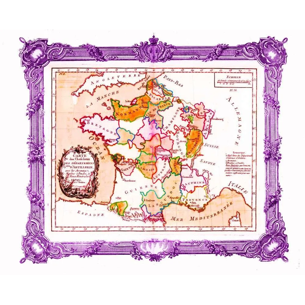 Fac-similé de carte ancienne France Départements Artillerie Arsenaux XVIIIe Cadre Ornemental – Cartographie ancienne
