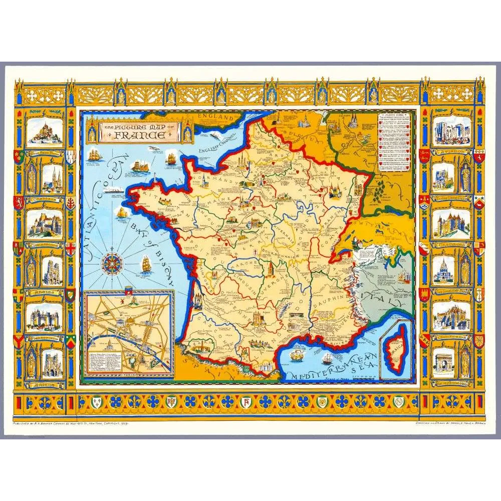 Carte Illustrée France Picture Map Bowker New York 1929 Monuments Gothiques – Cartographie ancienne Carte Illustrée France Picture Map Bowker New York 1929 Monuments Gothiques – Cartographie ancienne