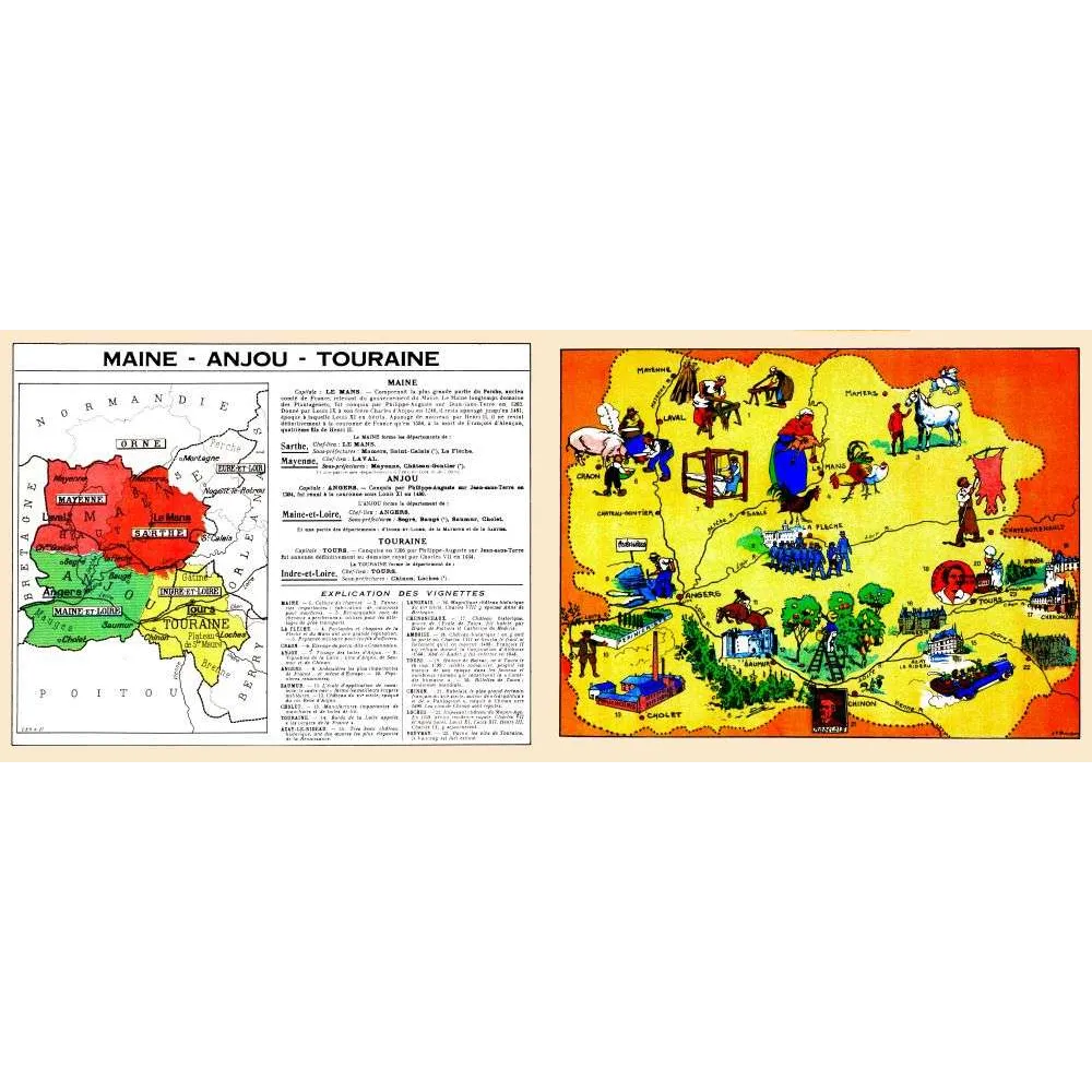 Document Illustré Maine Anjou Touraine Carte Régionale Pinchon Loire – Fac-similé de document ancien