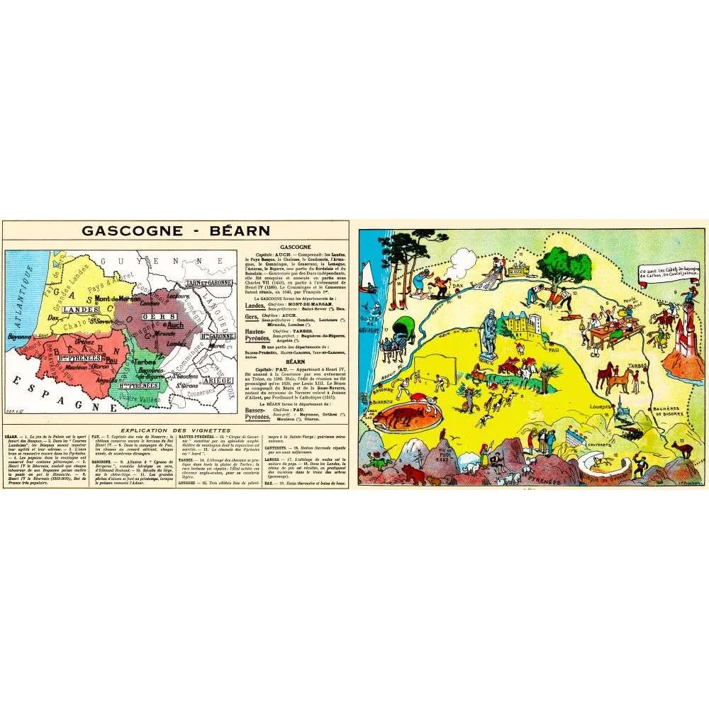 Document Illustré Gascogne Béarn Carte Régionale Pinchon Pyrénées – Fac-similé de document ancien
