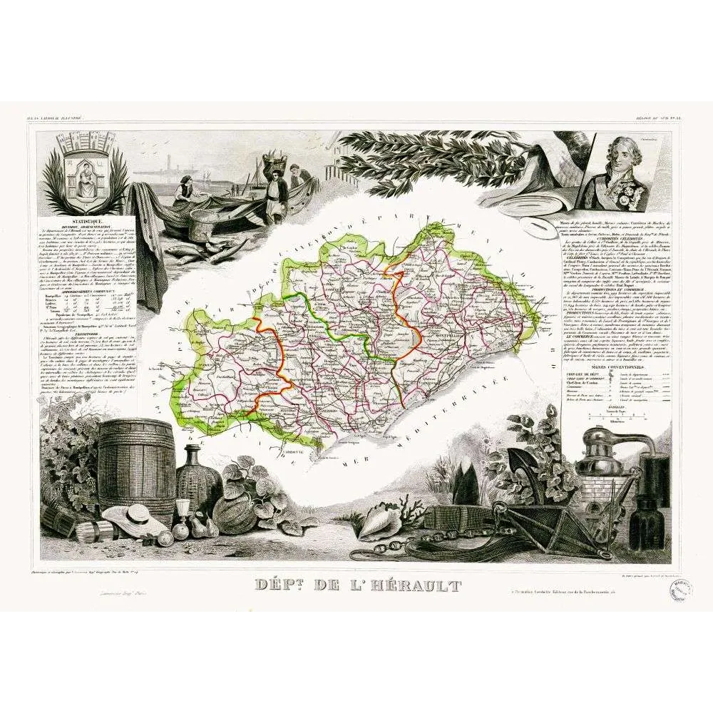 Carte Département Hérault Atlas National Illustré Montpellier Viticulture XIXe – Cartographie ancienne Carte Département Hérault Atlas National Illustré Montpellier Viticulture XIXe – Cartographie ancienne