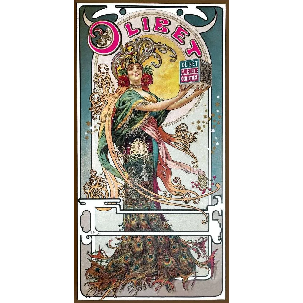 Affiche Olibet Gaufrette Confiture Art Nouveau Plumes Paon Biscuits – Publicité vintage