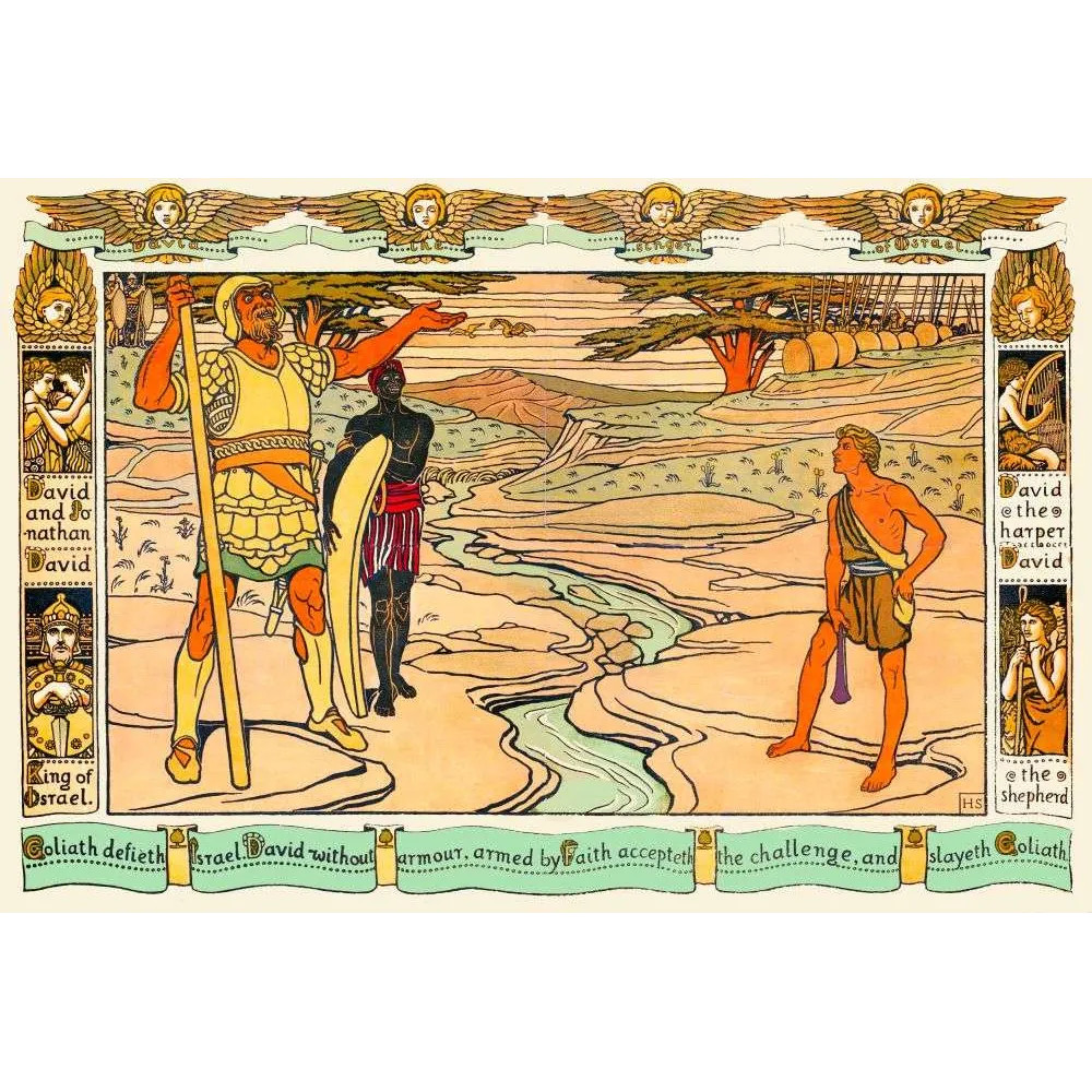 Illustration Biblique David Goliath Arts Crafts Anges XIXe Chromolithographie – Fac-similé de document ancien Illustration Biblique David Goliath Arts Crafts Anges XIXe Chromolithographie – Fac-similé de document ancien