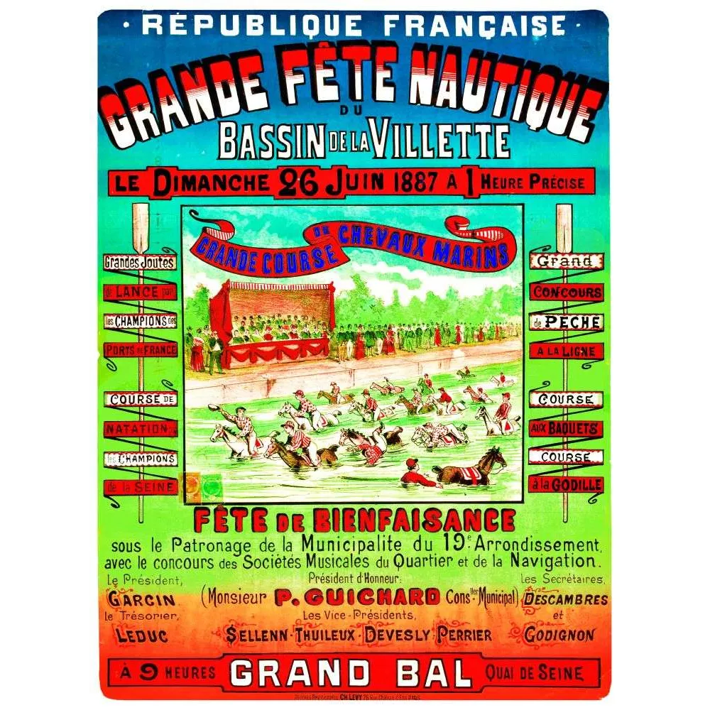 Affiche Fête Nautique Bassin Villette Paris 1887 Chevaux Marins Joutes – Publicité vintage