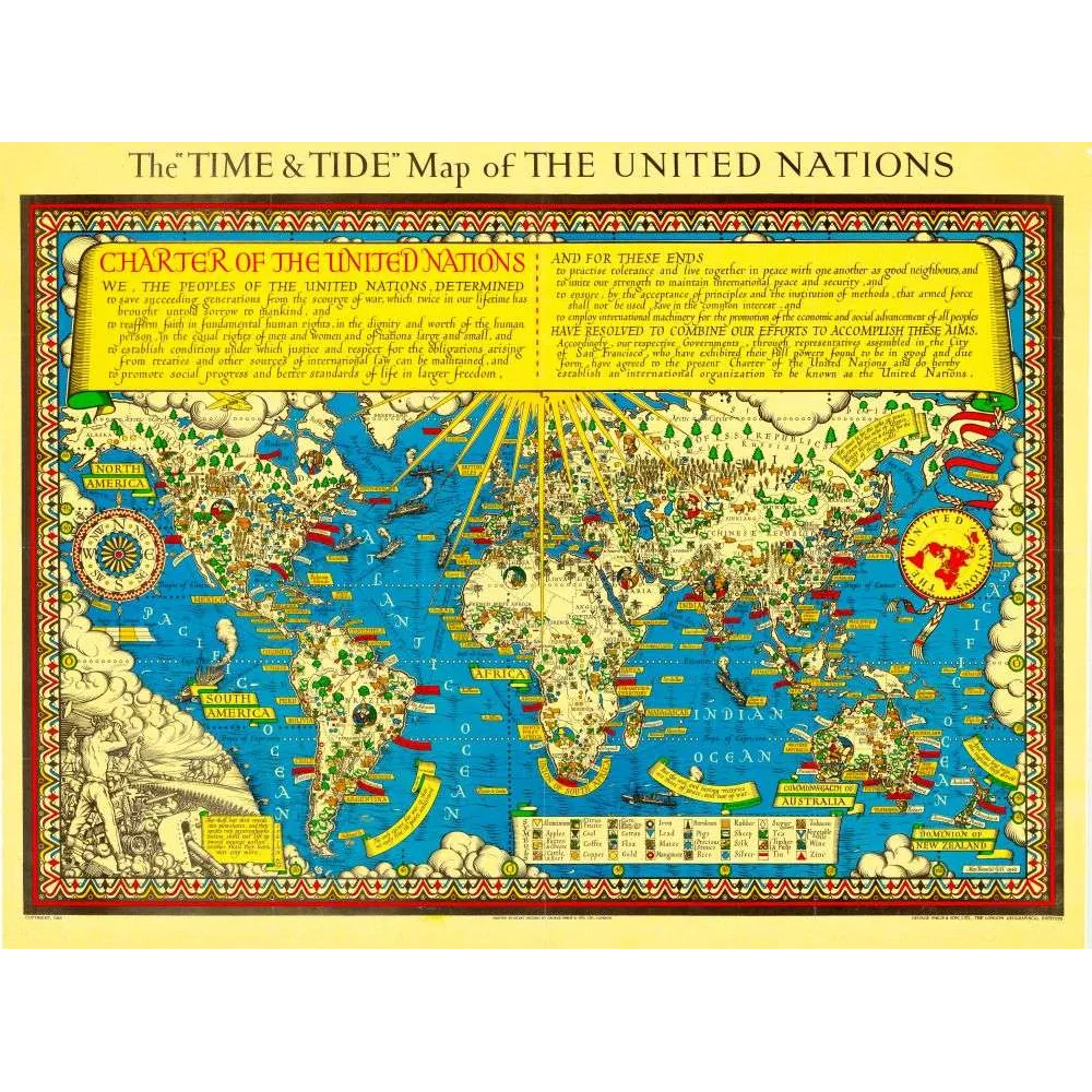 Carte Time & Tide Nations Unies 1945 Charte ONU – Cartographie ancienne Carte Time & Tide Nations Unies 1945 Charte ONU – Cartographie ancienne