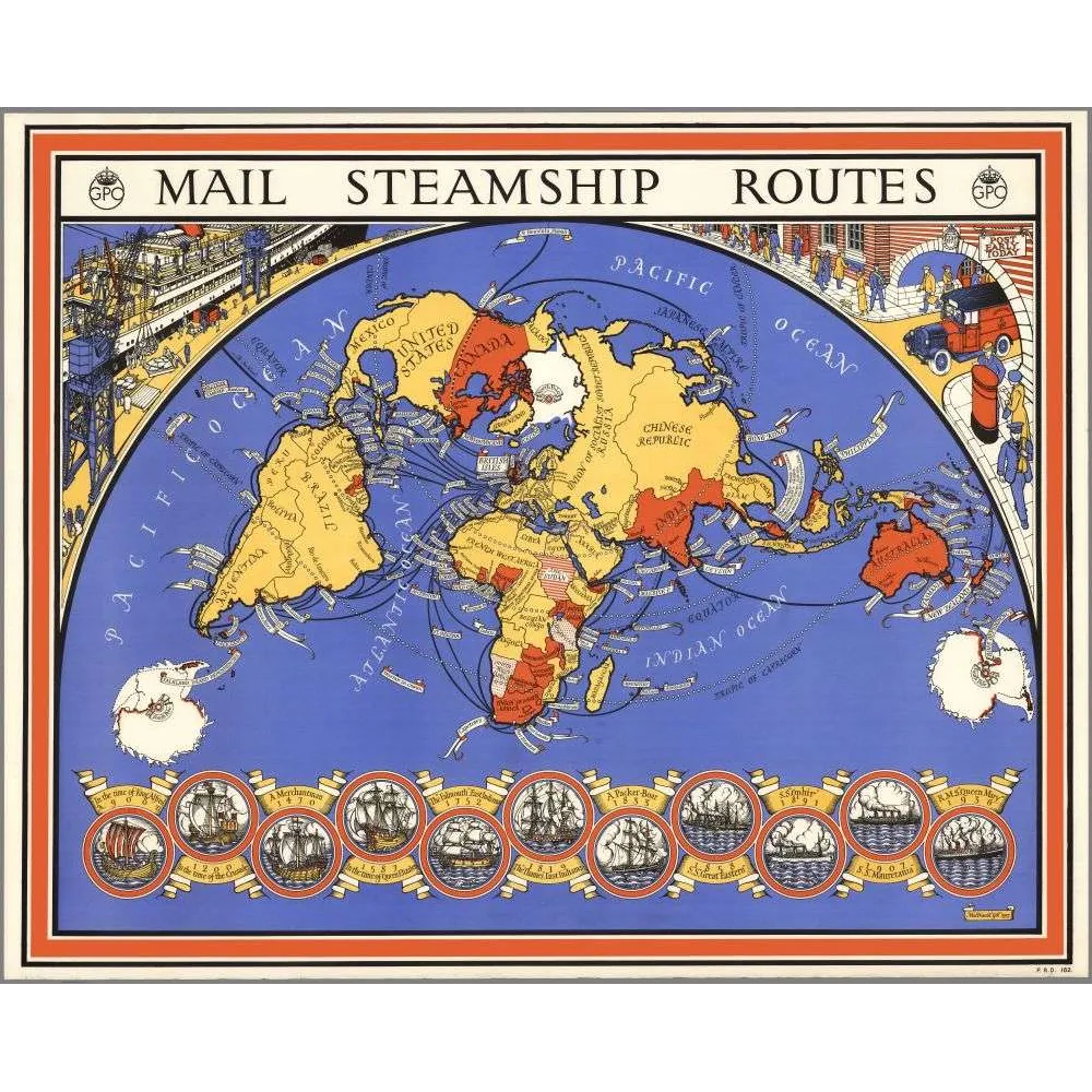 Carte Mail Steamship Routes GPO Routes Navires Postaux – Cartographie ancienne