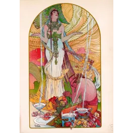 Illustration Allégorique Féminine , Plume de Paon, Alfons Mucha– Fac-similé de document ancien