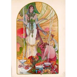 Illustration Allégorique Féminine , Plume de Paon, Alfons Mucha– Fac-similé de document ancien