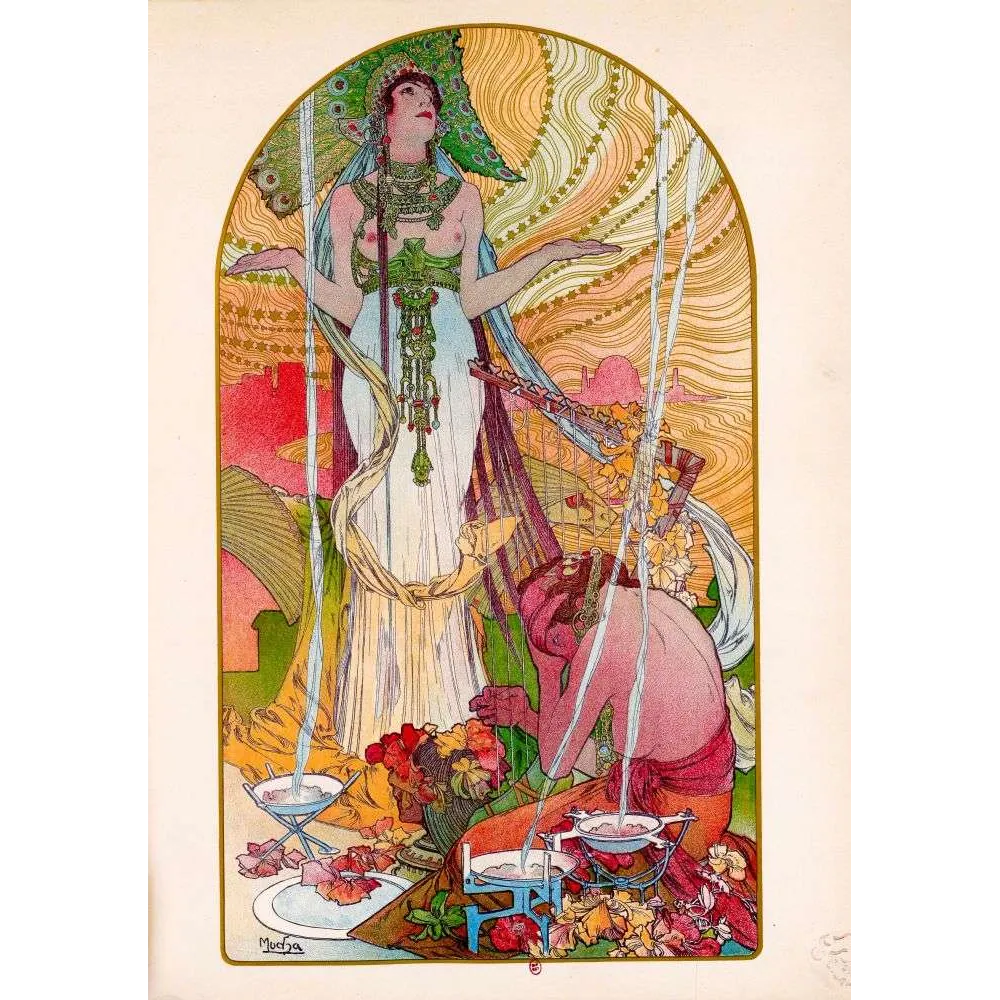 Illustration Allégorique Féminine , Plume de Paon, Alfons Mucha– Fac-similé de document ancien Illustration Allégorique Féminine , Plume de Paon, Alfons Mucha– Fac-similé de document ancien