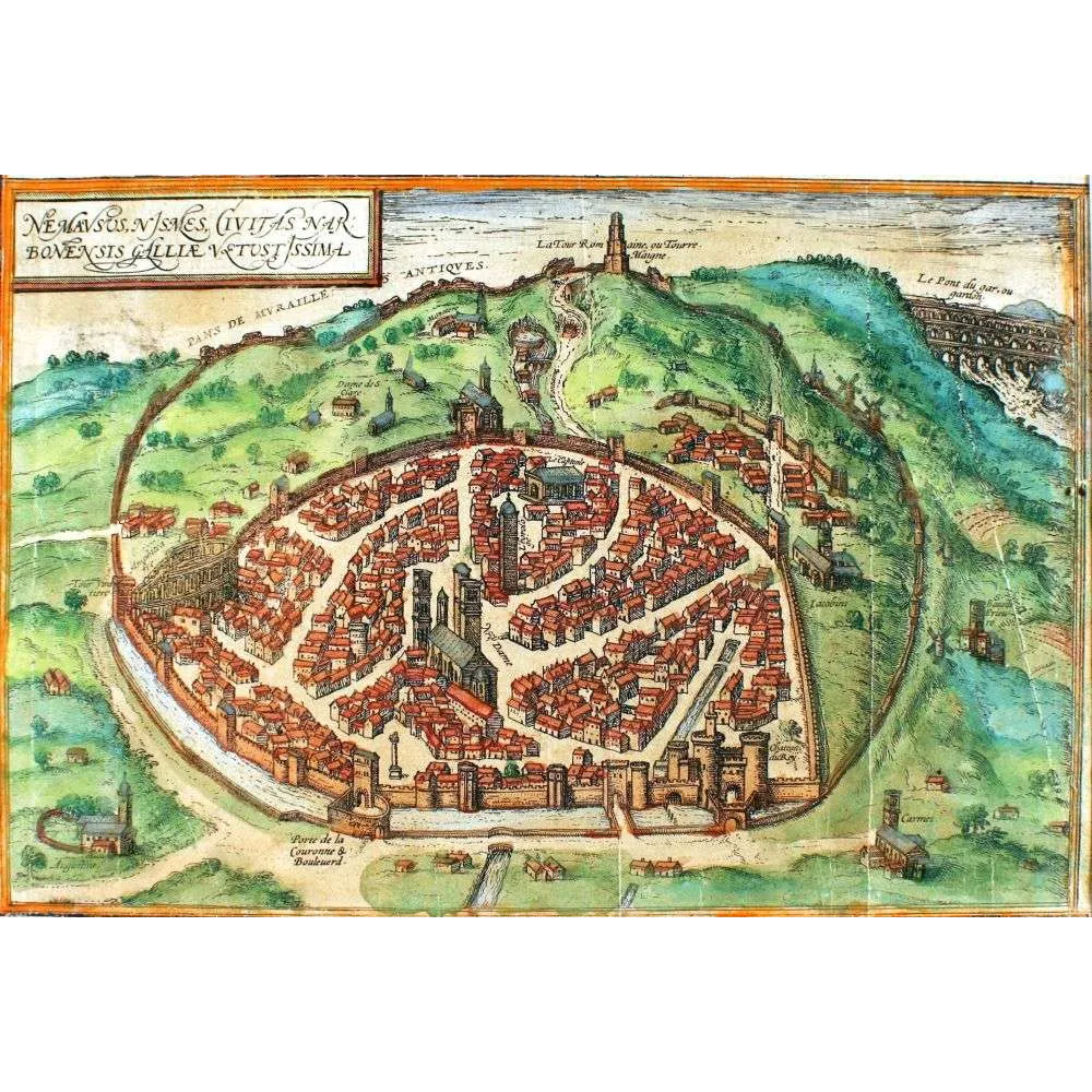 Plan Ancien Nîmes Vue Cavalière Pont du Gard XVIe siècle – Cartographie ancienne