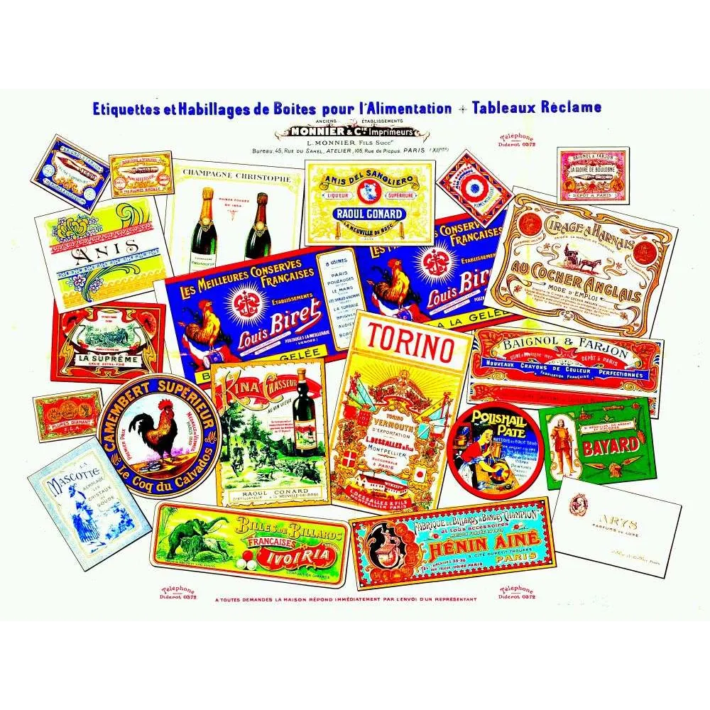 Planche Étiquettes Alimentaires Monnier Imprimeur Paris – Fac-similé de document ancien Planche Étiquettes Alimentaires Monnier Imprimeur Paris – Fac-similé de document ancien
