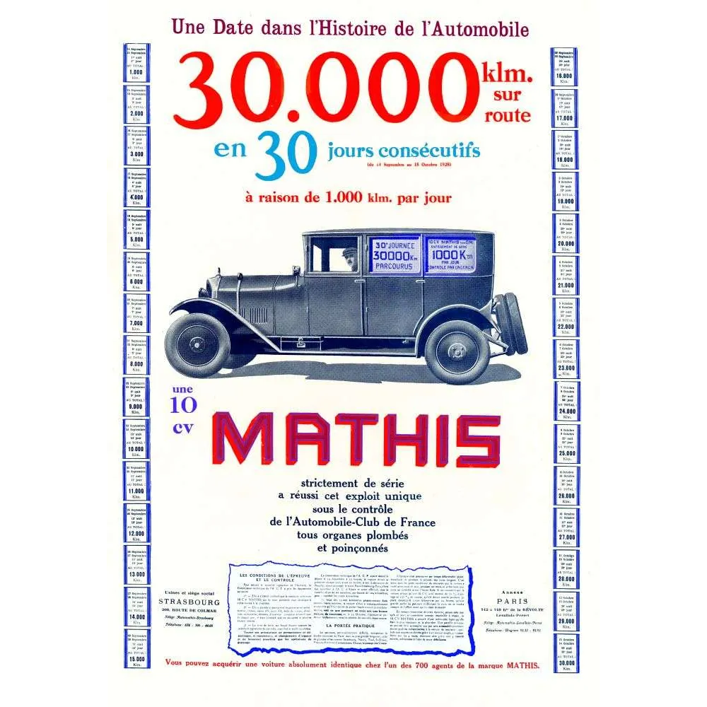 Affiche Mathis 10 CV Record 30000 km Strasbourg Automobile – Publicité vintage