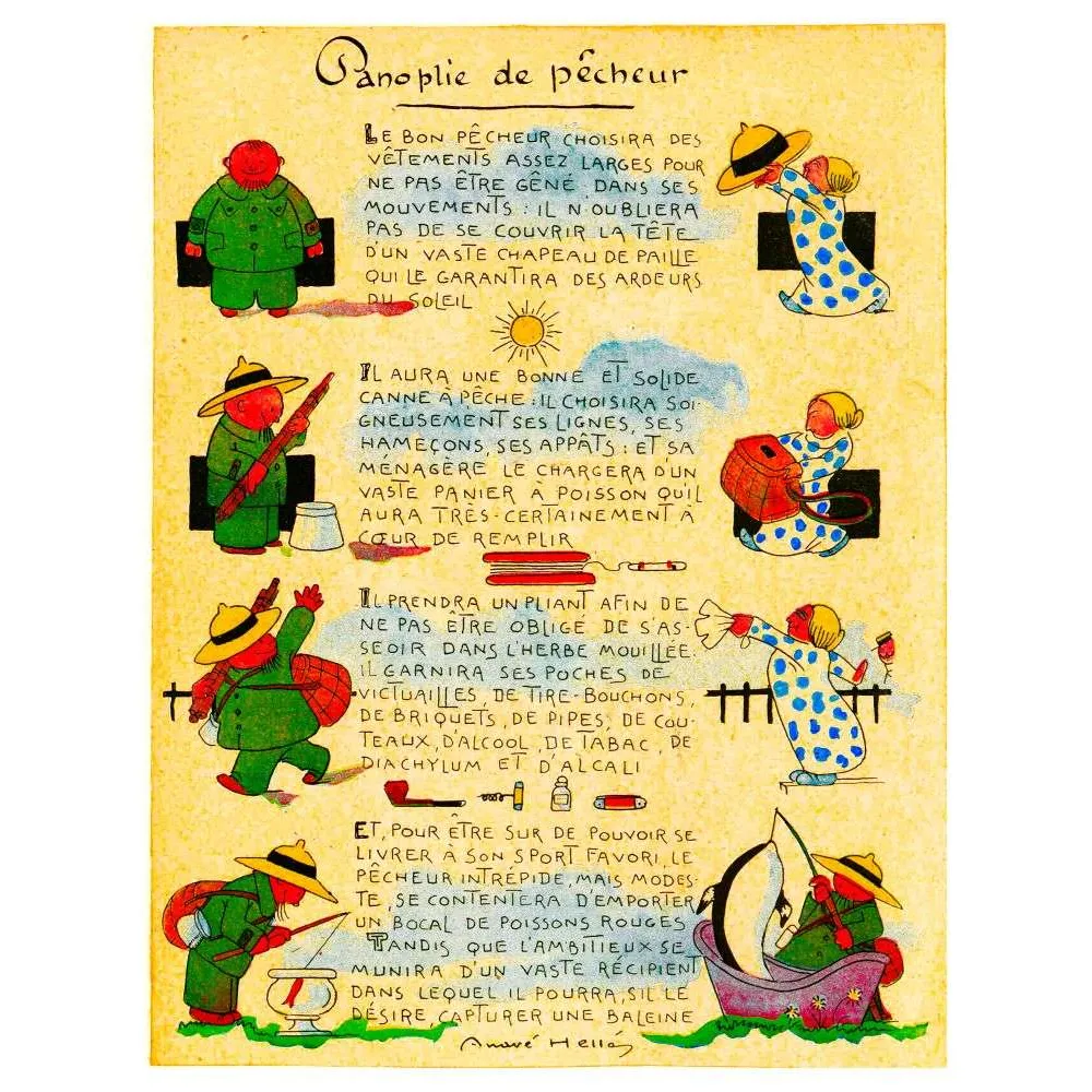 Illustration Humoristique Panoplie Pêcheur André Hellé – Fac-similé de document ancien