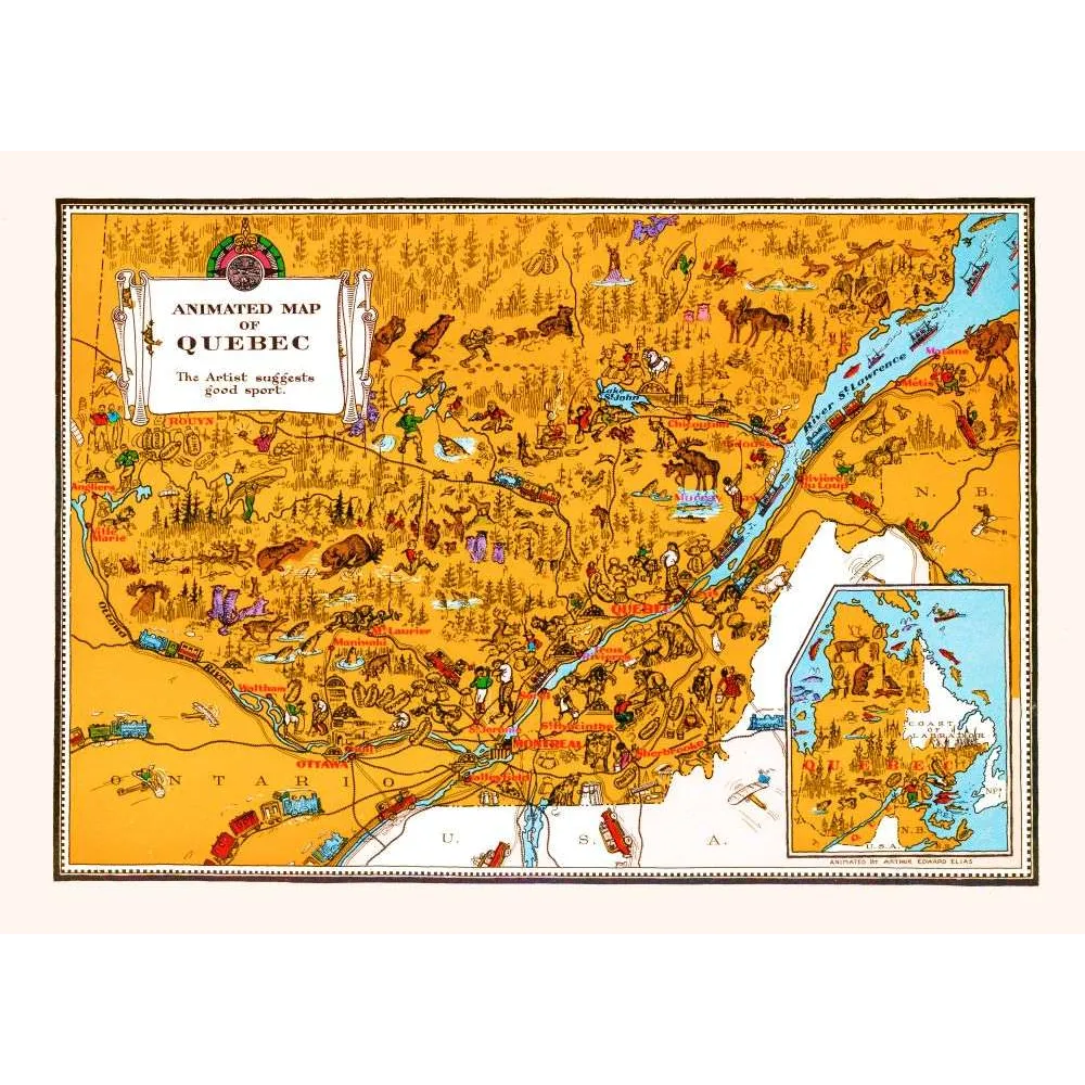 Carte Illustrée Québec – Animated Map chasse et pêche vintage Carte Illustrée Québec – Animated Map chasse et pêche vintage