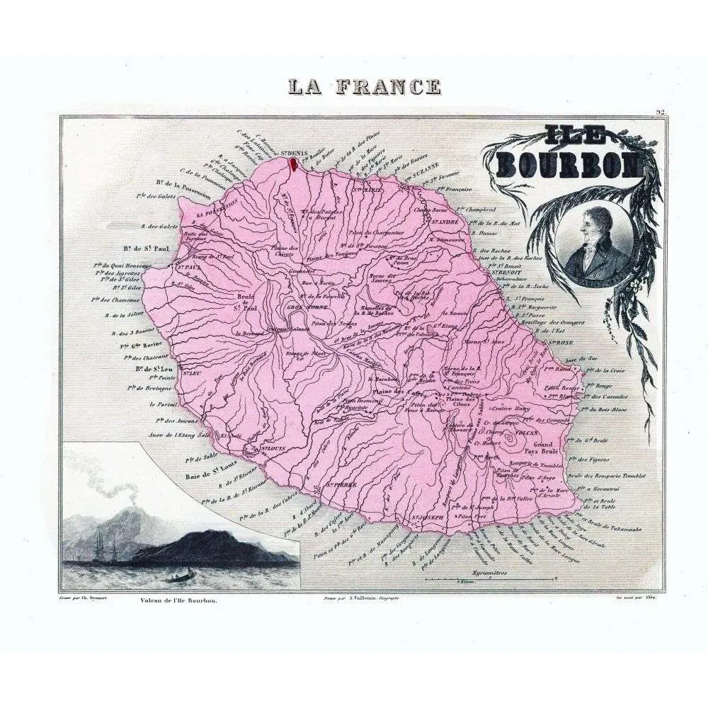Île Bourbon La Réunion – Fac-similé de carte ancienne Vuillemin XIXe siècle Île Bourbon La Réunion – Fac-similé de carte ancienne Vuillemin XIXe siècle
