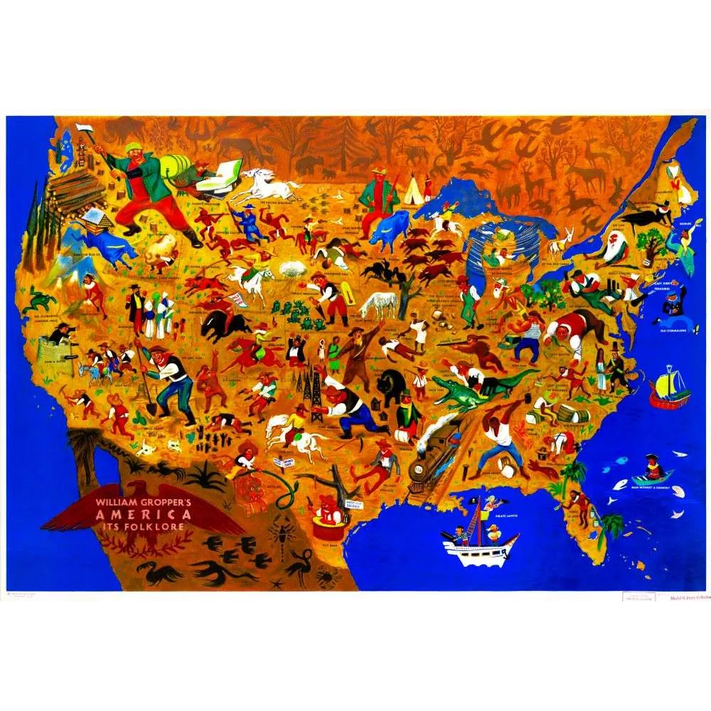 America Its Folklore – Carte Illustrée William Gropper Légendes USA