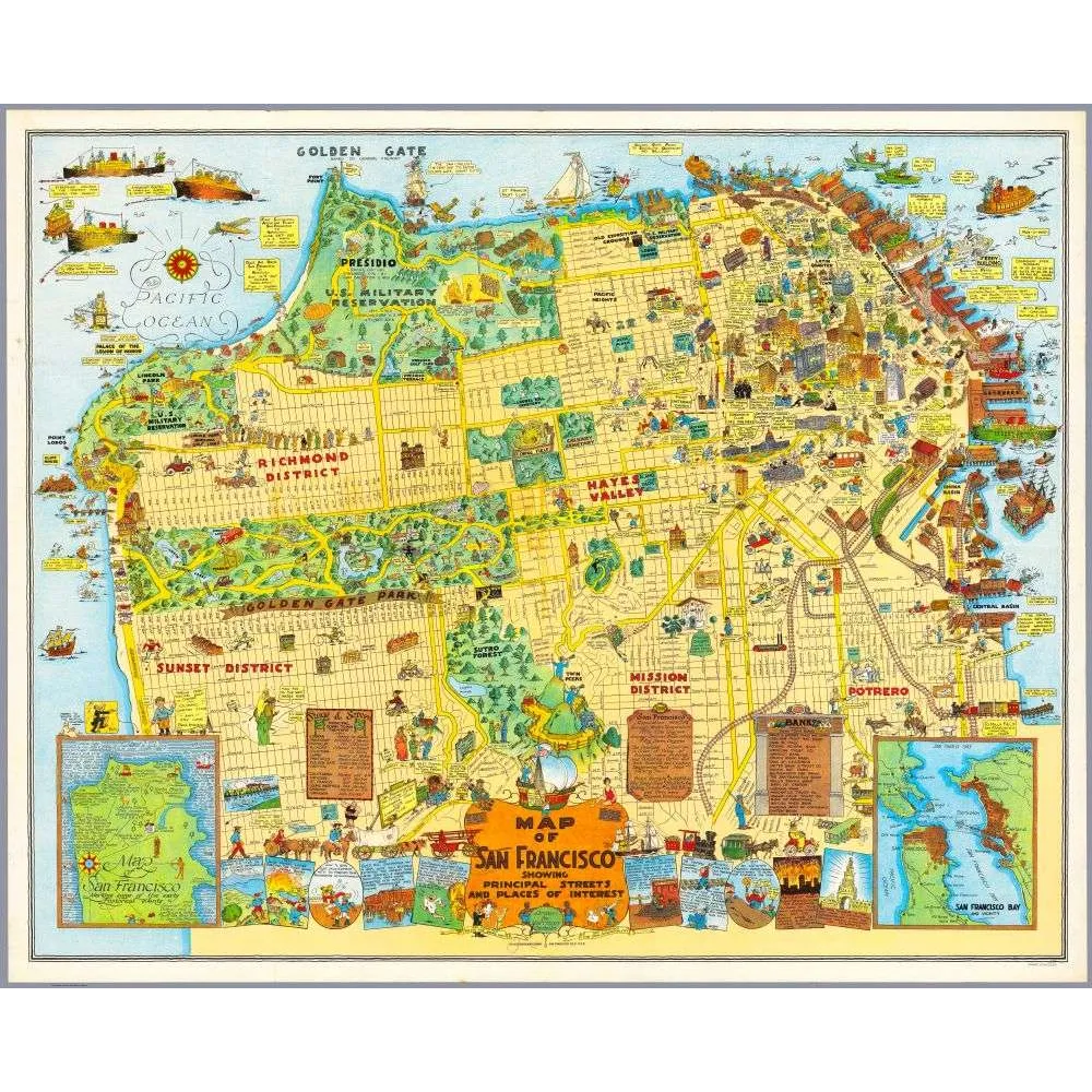 Carte Illustrée San Francisco – Quartiers et Lieux d'Intérêt Vintage Carte Illustrée San Francisco – Quartiers et Lieux d'Intérêt Vintage