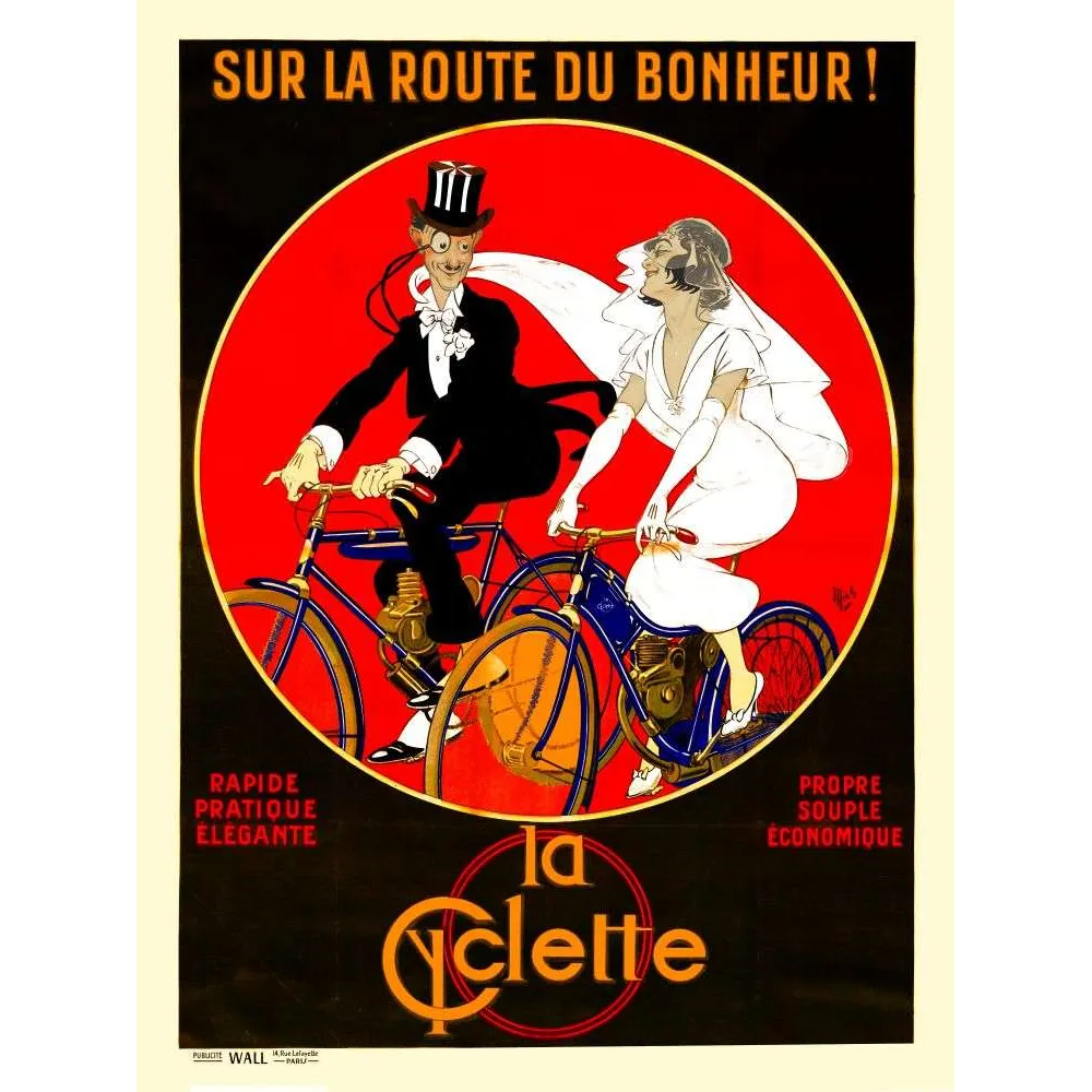 La Cyclette Sur la Route du Bonheur – Affiche Vélo Couple Art Déco Mich La Cyclette Sur la Route du Bonheur – Affiche Vélo Couple Art Déco Mich