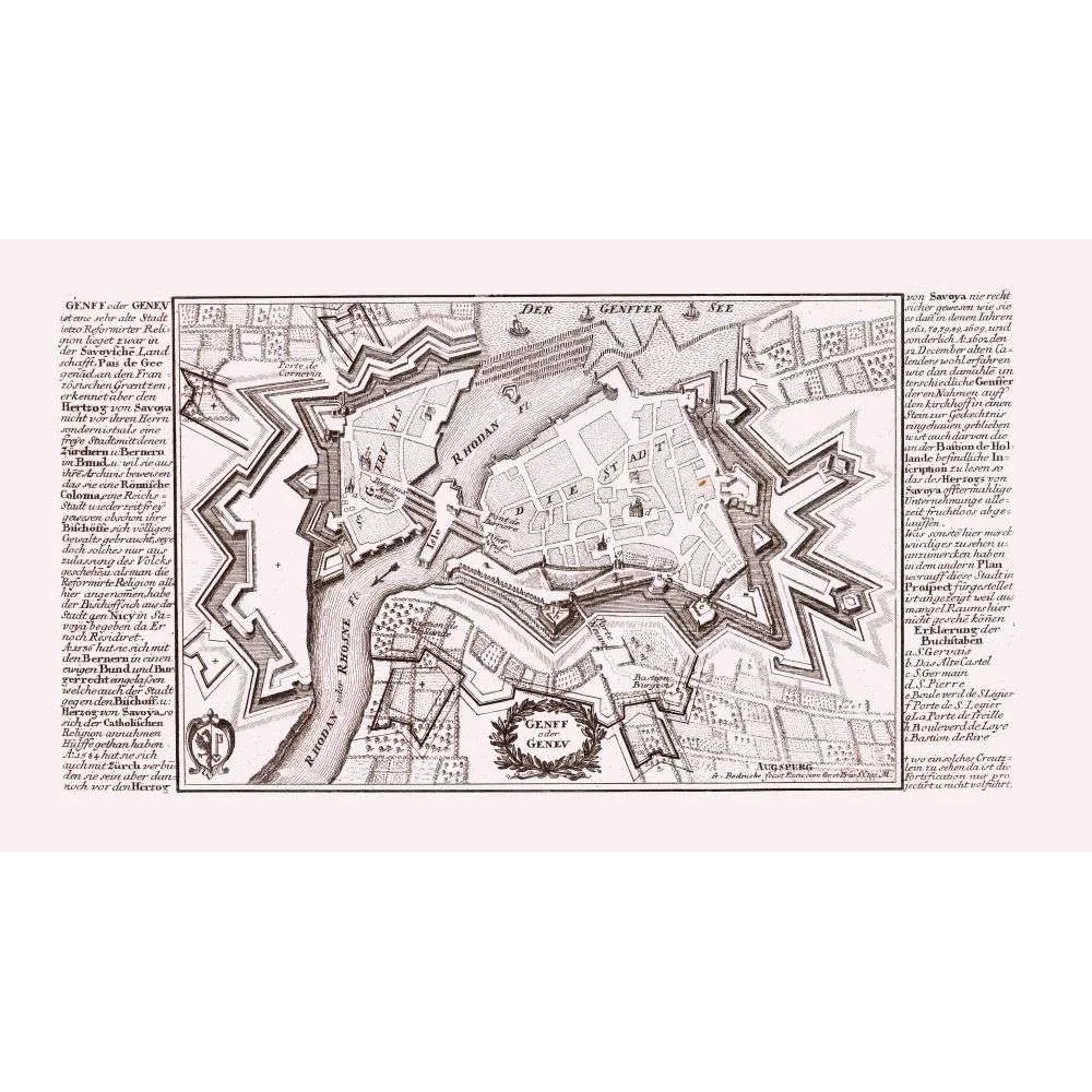 Genève Plan Ancien Fortifié – Carte Bodeneher Augsbourg XVIIe XVIIIe Genève Plan Ancien Fortifié – Carte Bodeneher Augsbourg XVIIe XVIIIe