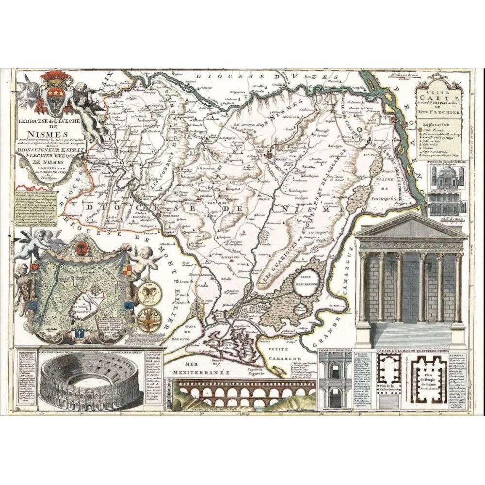 Diocèse de Nîmes – Fac-similé de carte ancienne Monuments Romains XVIIe Siècle Diocèse de Nîmes – Fac-similé de carte ancienne Monuments Romains XVIIe Siècle