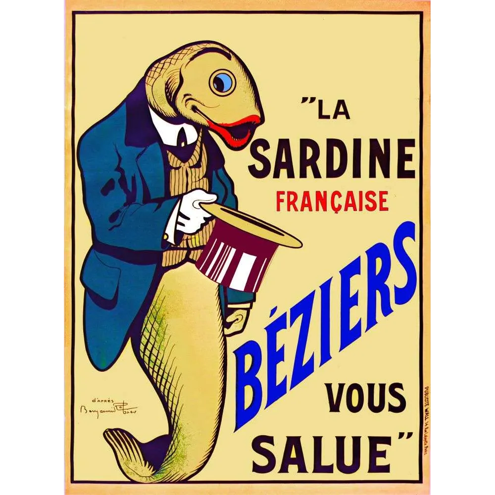 Pub Vintage Sardine Béziers – Affiche Humoristique Début XXe Pub Vintage Sardine Béziers – Affiche Humoristique Début XXe