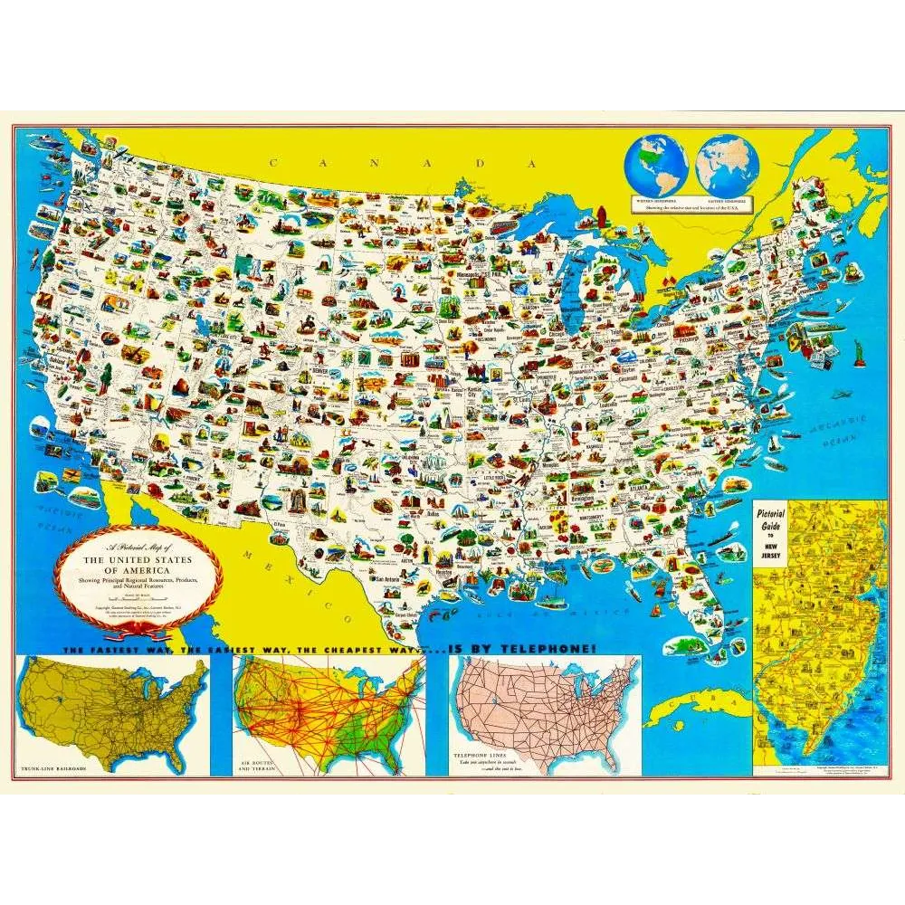 Carte Picturale États-Unis – Ressources régionales et téléphone vintage Carte Picturale États-Unis – Ressources régionales et téléphone vintage