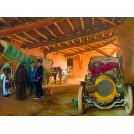 Peinture relais de poste automobile chevaux – Début XXe siècle Europe