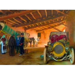 Peinture relais de poste automobile chevaux – Début XXe siècle Europe