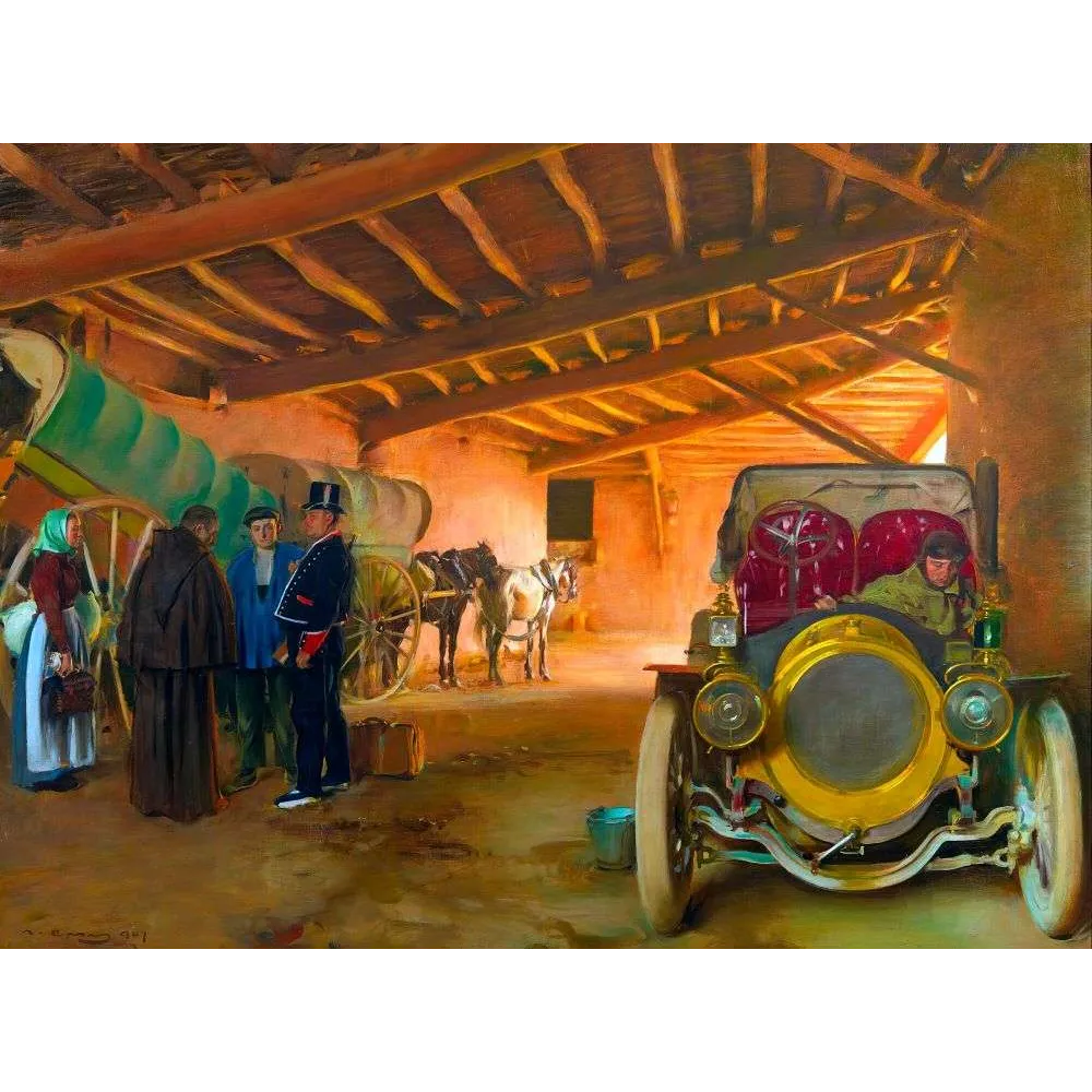 Peinture relais de poste automobile chevaux – Début XXe siècle Europe Peinture relais de poste automobile chevaux – Début XXe siècle Europe