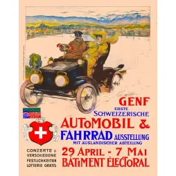 Pub vintage Premier Salon Automobile Genève – Exposition auto vélo fin XIXe
