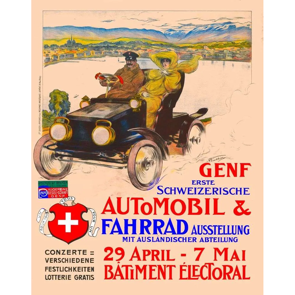 Pub vintage Premier Salon Automobile Genève – Exposition auto vélo fin XIXe Pub vintage Premier Salon Automobile Genève – Exposition auto vélo fin XIXe