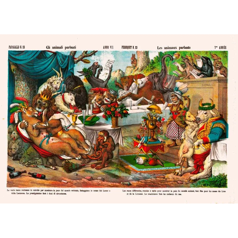Illustration satirique Les Animaux Parlants – Noces du Lion | Presse XIXe siècle Illustration satirique Les Animaux Parlants – Noces du Lion | Presse XIXe siècle