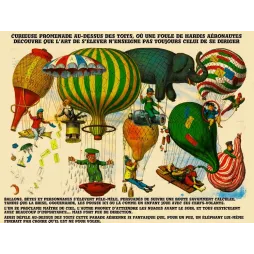 Illustration satirique ballons aéronautes – Promenade au-dessus des toits | XIXe siècle