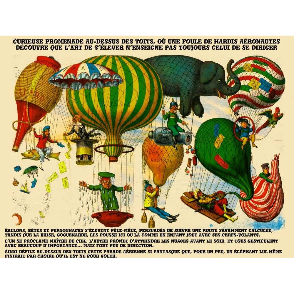 Illustration satirique ballons aéronautes – Promenade au-dessus des toits | XIXe siècle