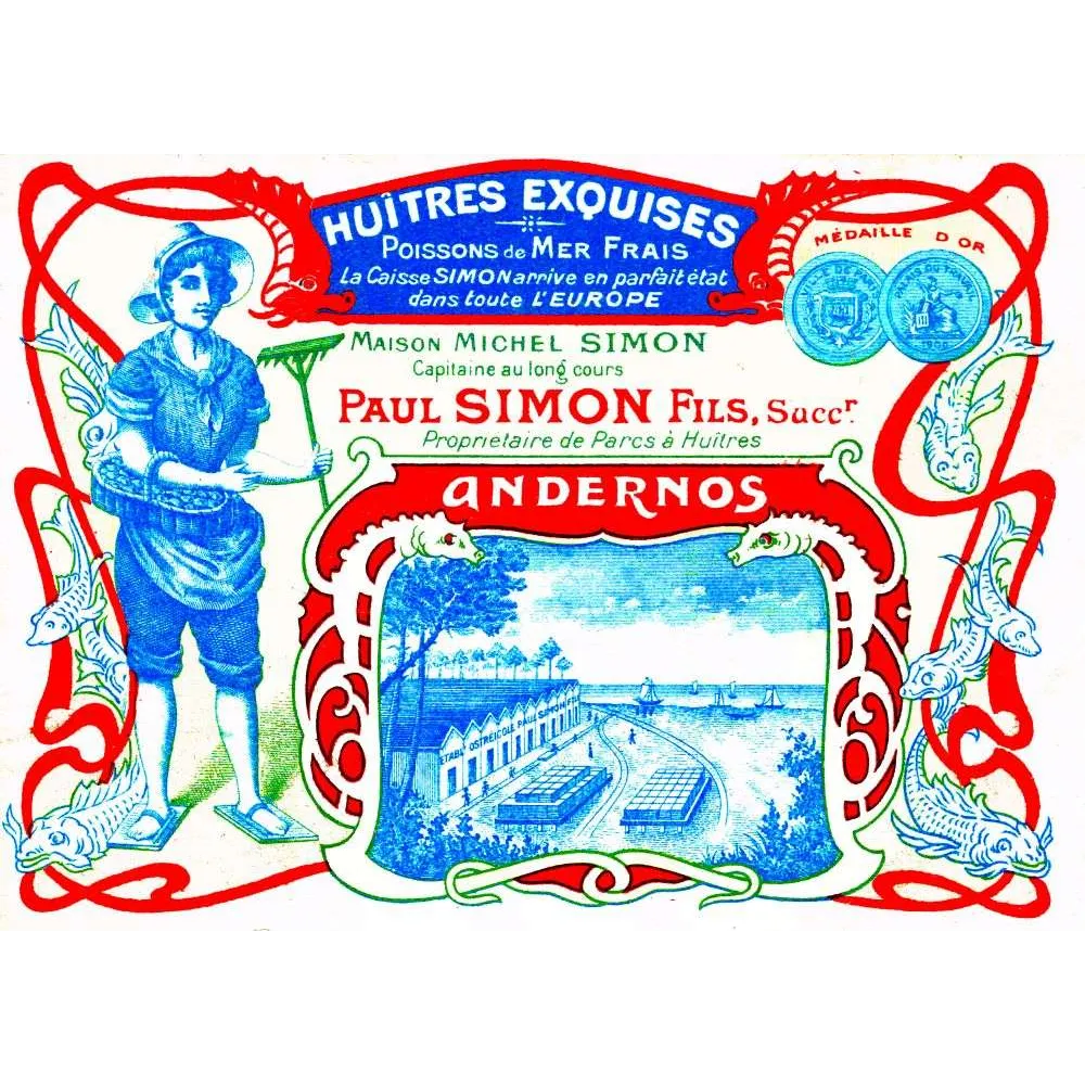 Pub vintage Huîtres Paul Simon Andernos – Parcs à huîtres Art Nouveau | Fin XIXe Pub vintage Huîtres Paul Simon Andernos – Parcs à huîtres Art Nouveau | Fin XIXe