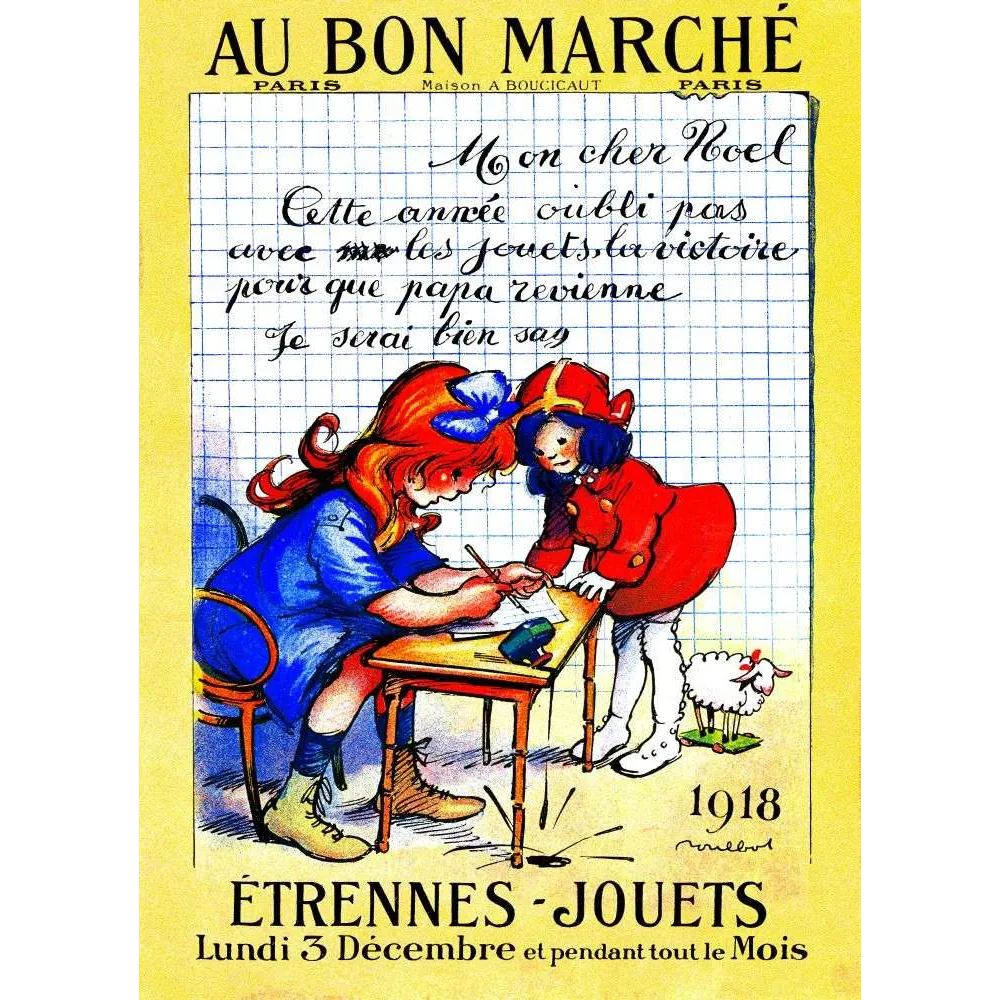 Pub vintage Au Bon Marché 1918 – Lettre Père Noël pendant la guerre, Étrennes Jouets Pub vintage Au Bon Marché 1918 – Lettre Père Noël pendant la guerre, Étrennes Jouets