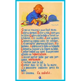 Carte hygiène bébé ancienne – Ce qui est mauvais pour tout bébé | Début XXe siècle