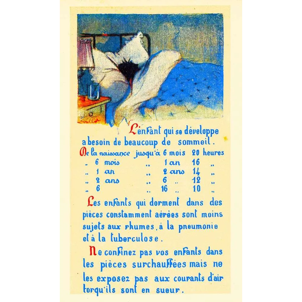 Carte éducative sommeil enfant – Heures recommandées par âge | Début XXe siècle